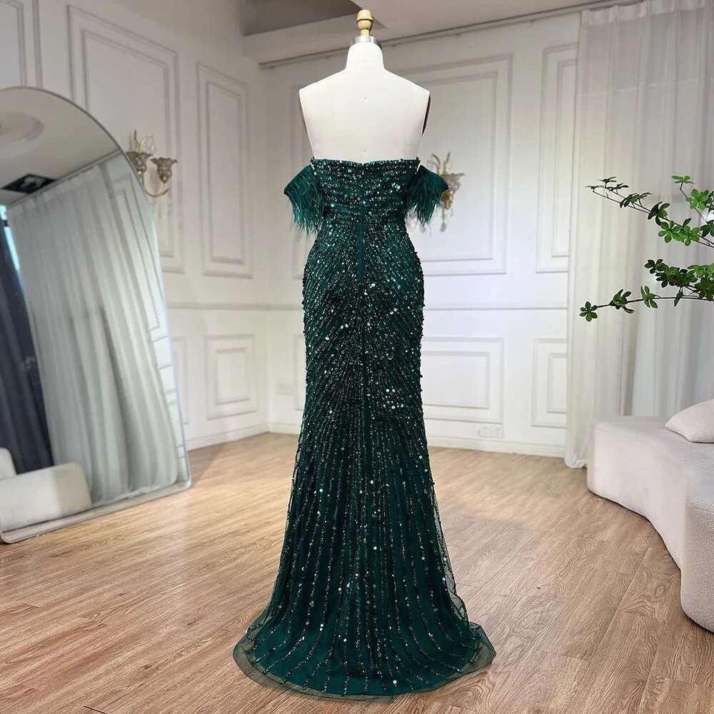 Wasisi Green Mermaid High Split Spaghetti Strap Evening Dresses Feather Beaded Gowns For Women Party ELA72238