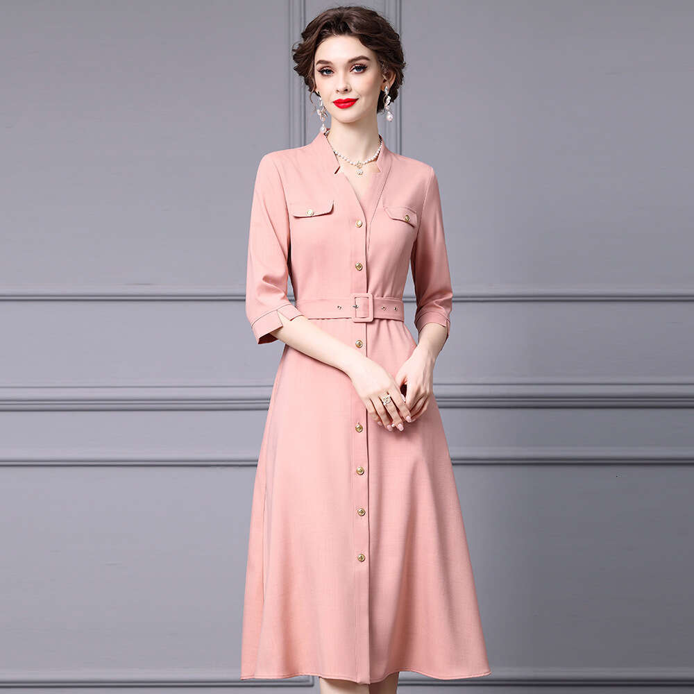 French style V-neck shirt dress with cinched waist and seven quarter sleeves single breasted large swing dress autumn 2024