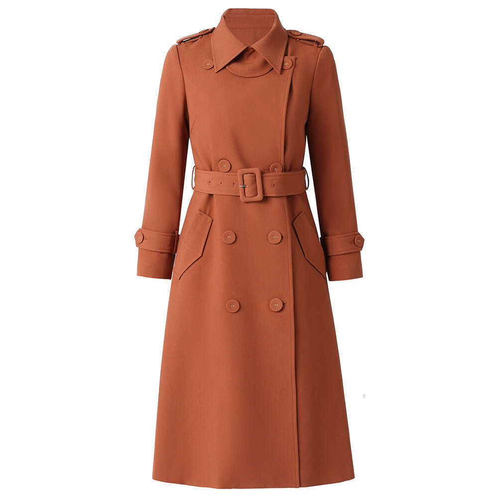 autumn womens clothing 2024 new item high-end feeling beige lapel double row buckle waist slimming windbreaker jacket