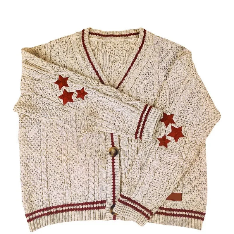 Deeptown retro beige Swift knitted cardigan womens Y2K college oversized star embroidered sweater folk knitting jumper South Korea 241011
