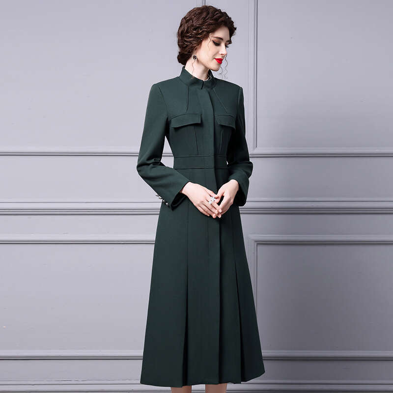 Thickened Autumn Dress 2024 Womens New High end Green Stand up Collar Waist cinching Skinny Long Coat Skirt