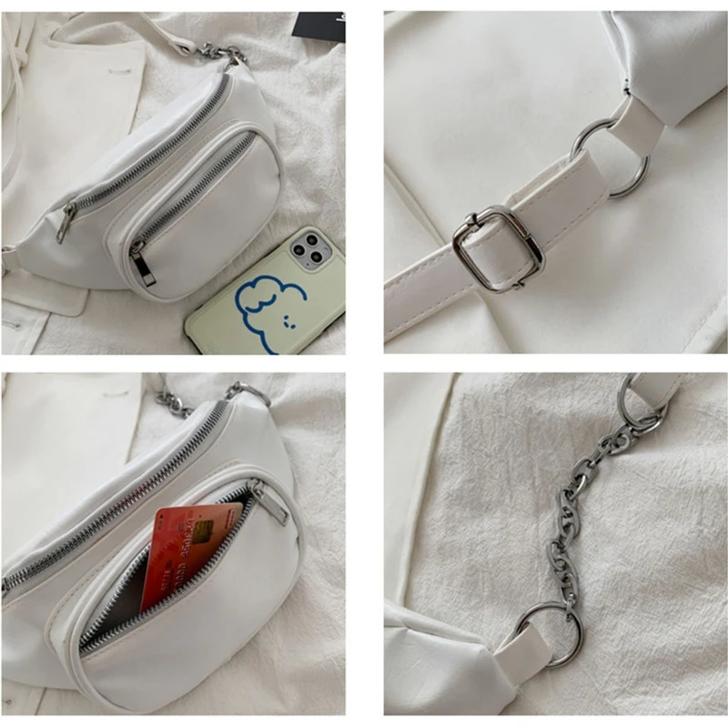 Neutral PU leather sling bag casual shoulder bag chain box bag outdoor sports cross body bag waist bag 241008