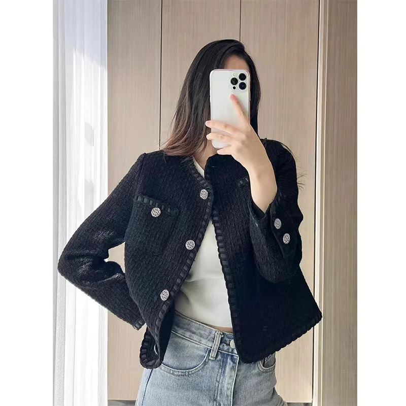 100% wool black tweed top AutumnWinter thickened warm short everything little fragrance jacket 241011