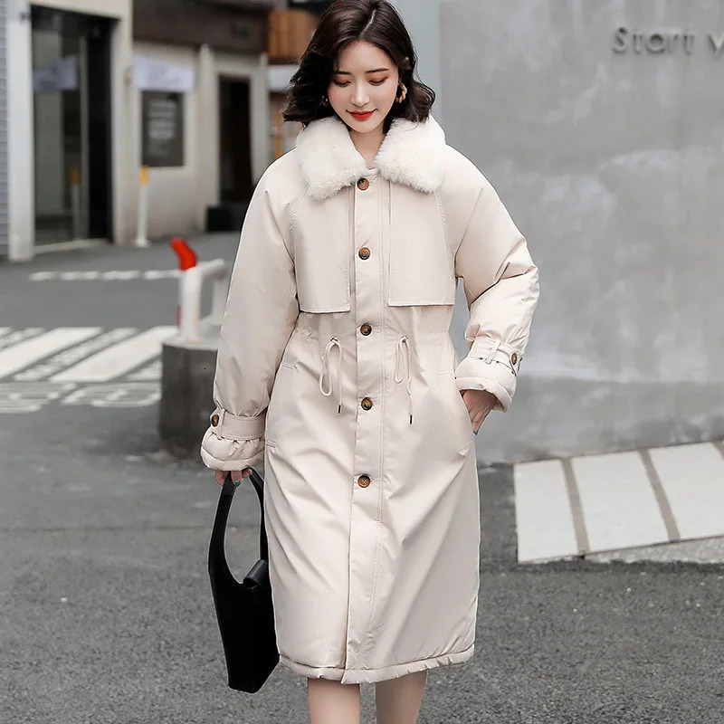 Thick Lamb Wool Down Jacket Women Winter Fur Collar Long Parka Coat Korean Fashion Warm Cotton Outwear Female Slim Trench 241008