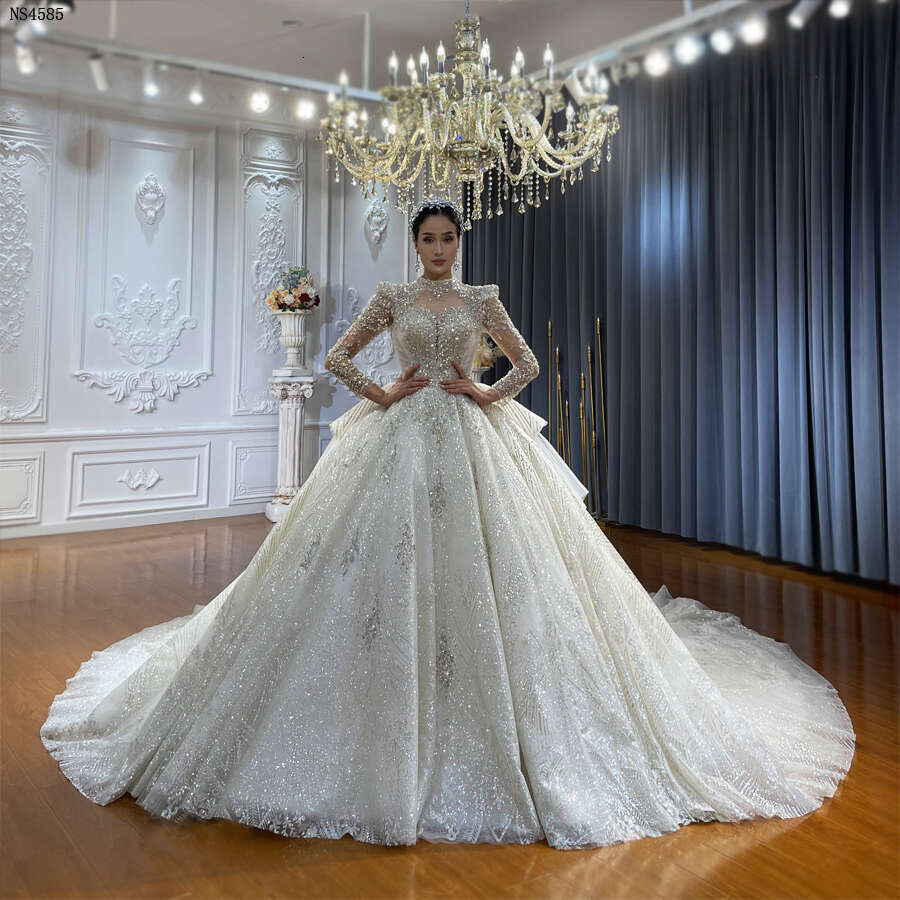 Long Sleeves Lace Bridal Dress Glitter Fabric