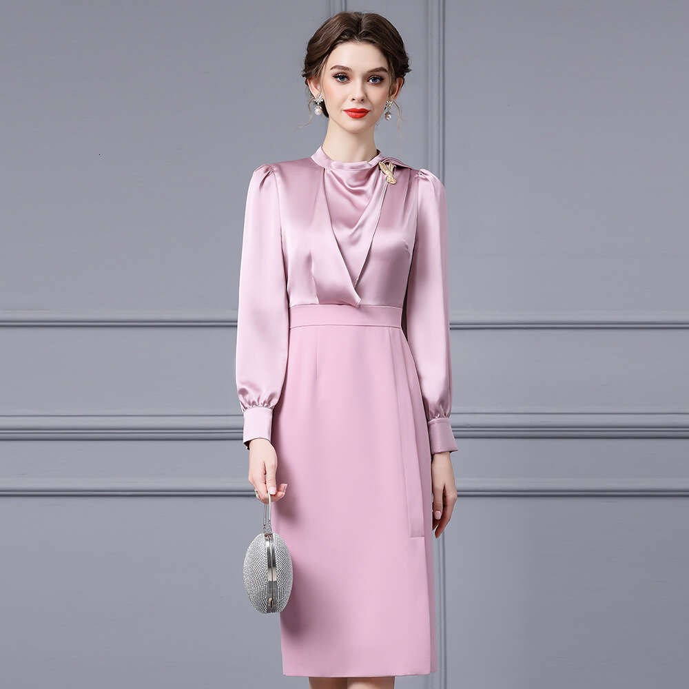 unique chic design with floating collar pink drape a hip hugging dress 2024 new style light and mature temperament