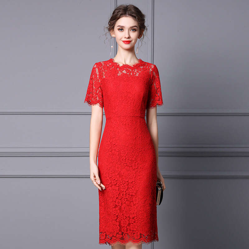 Red Dress Spring/Summer New Collection 2024 Evening Banquet Gentle Style Short Sleeve Lace Medium Length Skirt