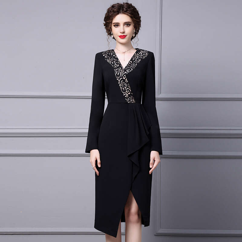 Noble Dress Lady Kuais 2024 Autumn New Black Lace Irregular Slimming Skirt with Hip Wrap