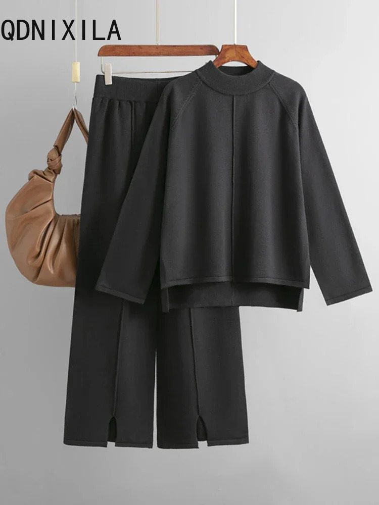 2-piece womens winter casual knitted track suit O-neck split sweater wide leg pants set womens knitted two-piece set 241010