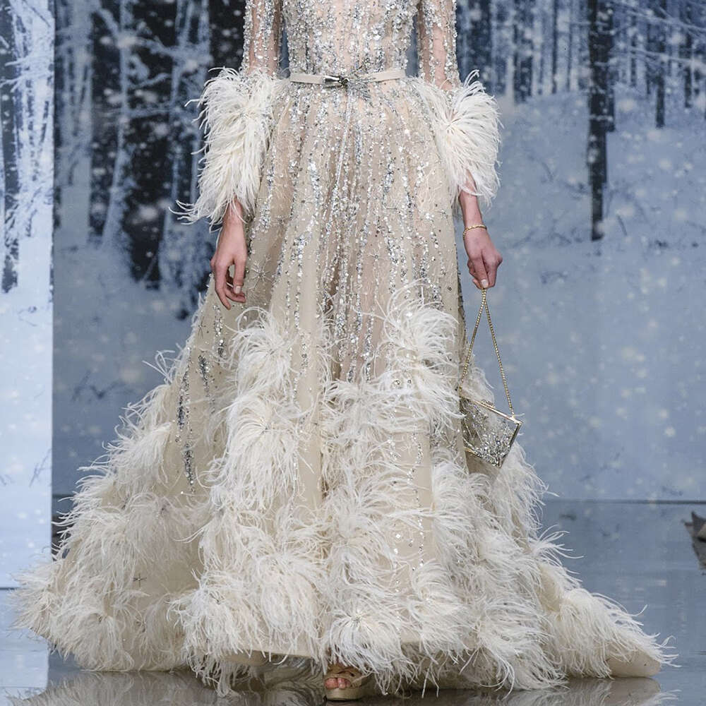 Fashion Sequined Tassel Evening Party Elegant O-Neck Long Sleeves Beading A-e Gowns Sweep Train Prom Dress