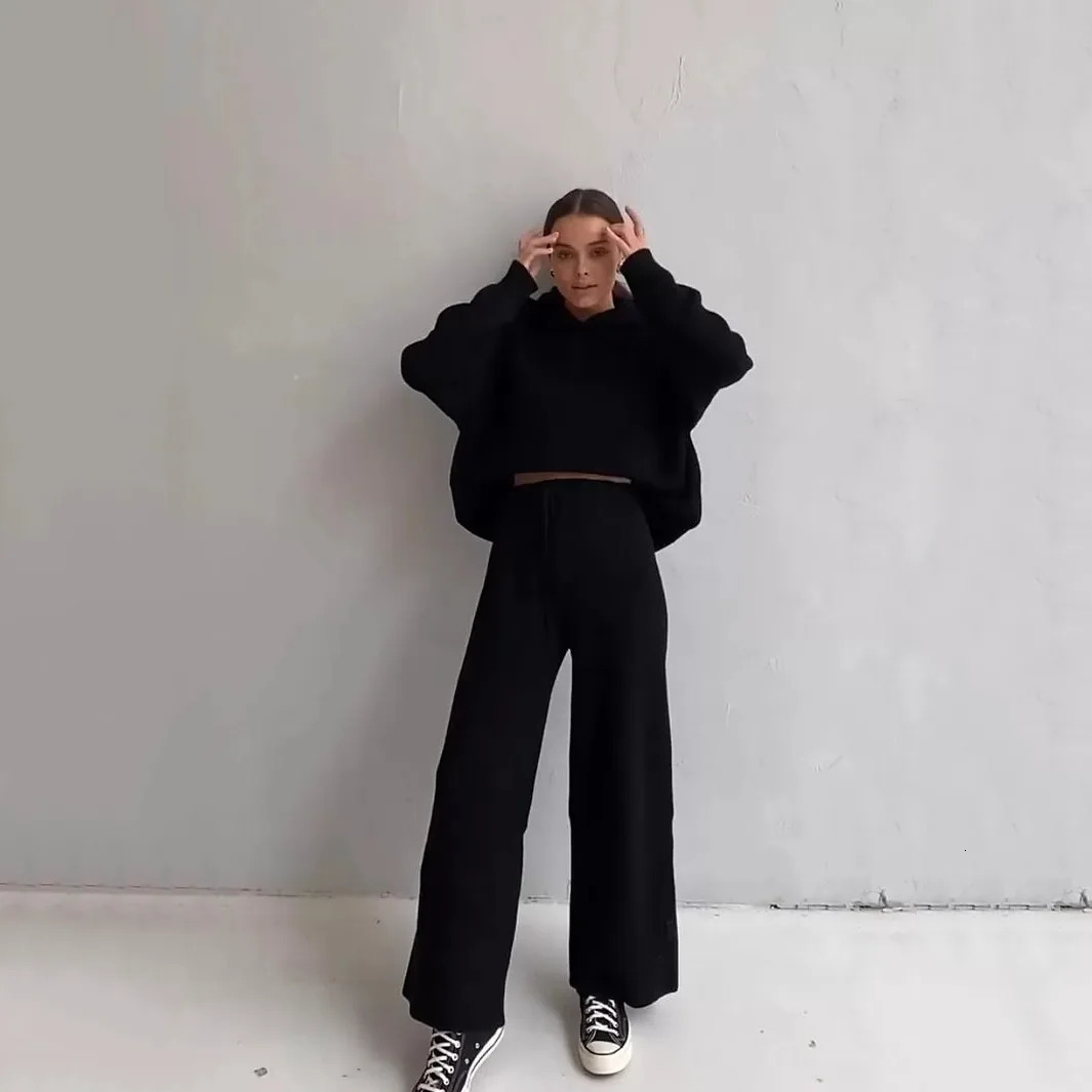 Womens solid casual activity suit set a chic drawstring sweater with kangaroo pocket and stylish sloping pocket jogging two-piece set 241010