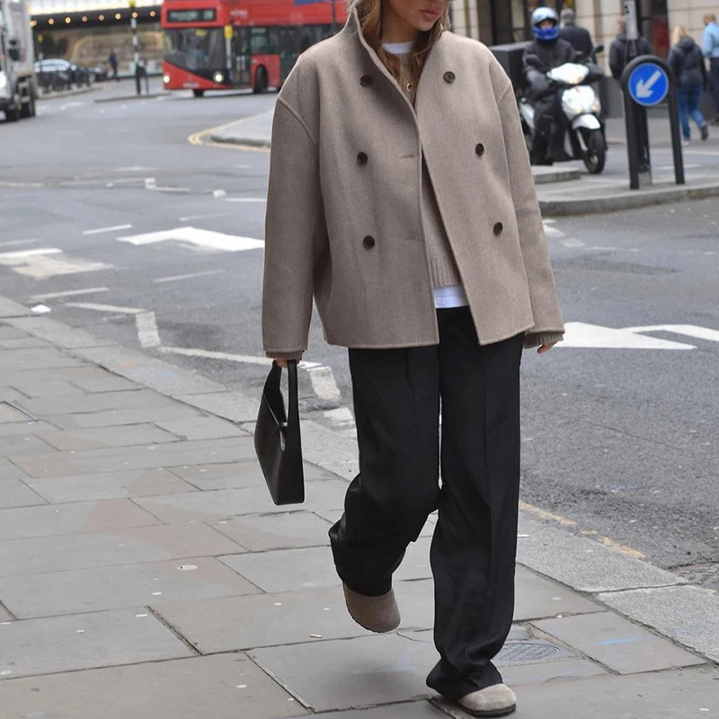 Women Fashion Long Sleeved Solid Outwear Ladies Stand Collar Double Breasted High Street Coat Autumn Casual Slim Wool Jacket 240930