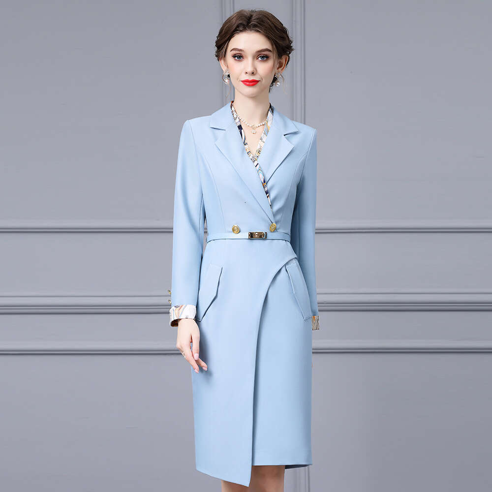 high-end printed patchwork suit 2024 new temperament commuting belt waist cinching dress autumn style