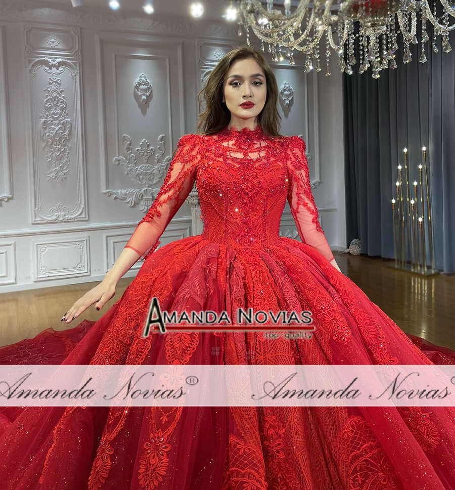 Amanda Novias Red Lace Beads Long Train Wedding Dress