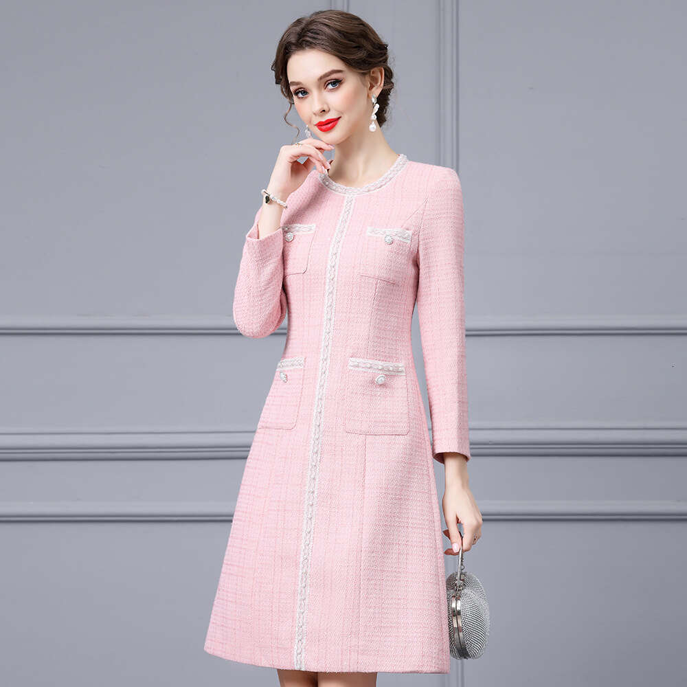 pink high-end socialite temperament handmade nail bead waist slimming coarse tweed dress 2024 autumn new item