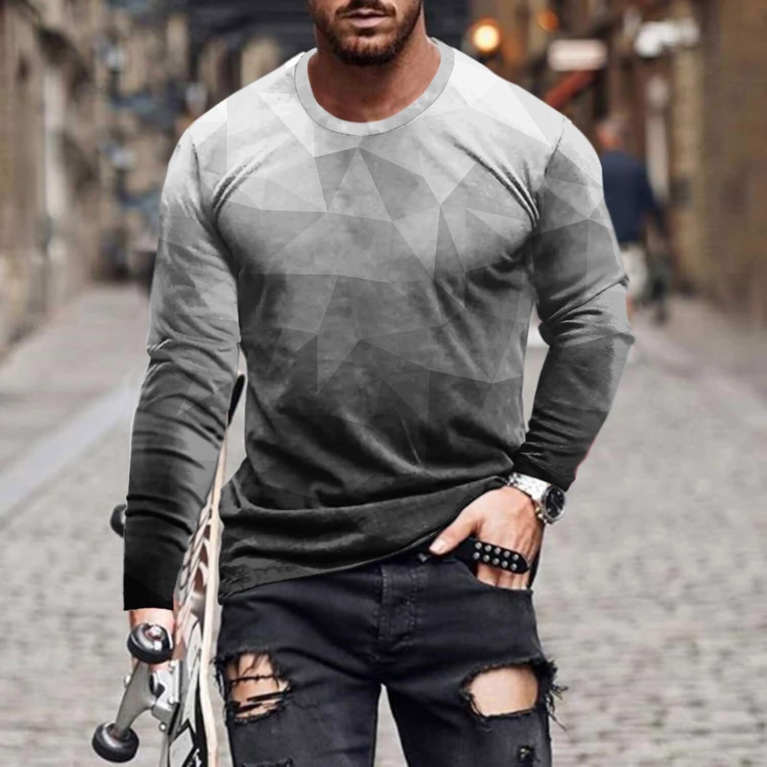 Long Sleeve Shirts for Men sweatshirt 3D Shirt for Men Funny Graphic Print Long Sleeve Cool Muscle T Shirts for Mens Boys Trendy Streetwear Casual Sty