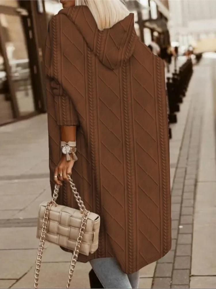 Autumn Winter Women Long Hooded Jacket Fashion Sleeve Sweater Cardigan Loose Jacquard Knited Casual Coat 241011