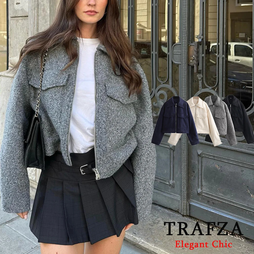 TRAFZA Casual Chic Women Zipper Jacket Fashion Autumn Winter Tweed Short Coat Elegant Female Office Lady 241011