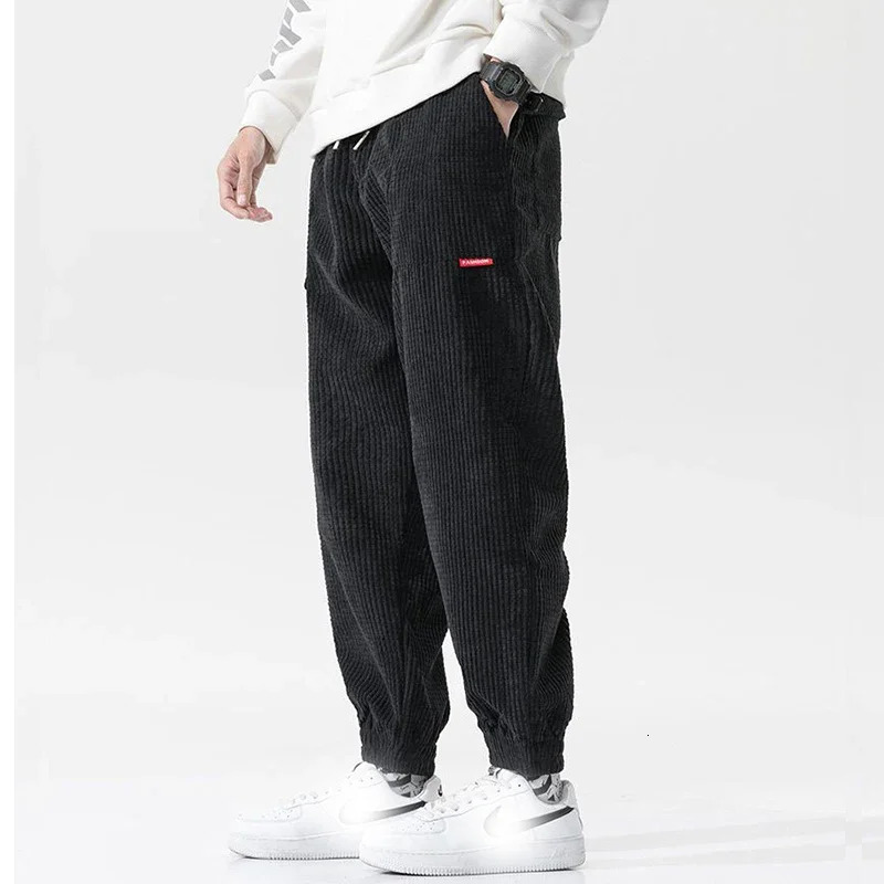 Spring casual loose Corduroy solid color harem pants mens pockets fully matched mens Trouser streetwear 241011
