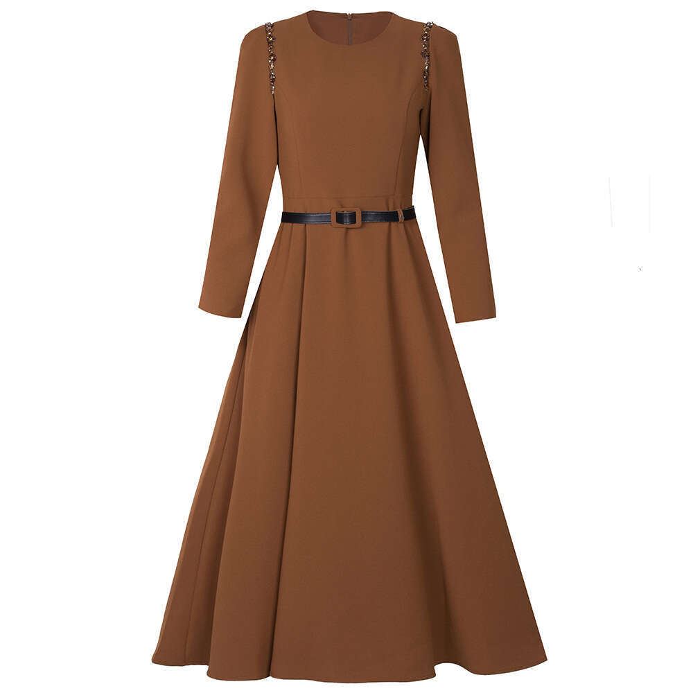 Smart and noble light luxury temperament red diamond studded belt waist cinching long sleeved A-line big swing dress 2024 autumn new item