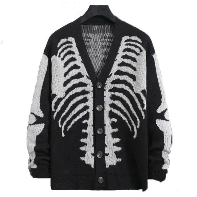 Harajuku Autumn Mens Halloween Skull Print Long Sleeve Open Collar V-neck Button Down Jacket y2k Retro Sweater Ins 241007
