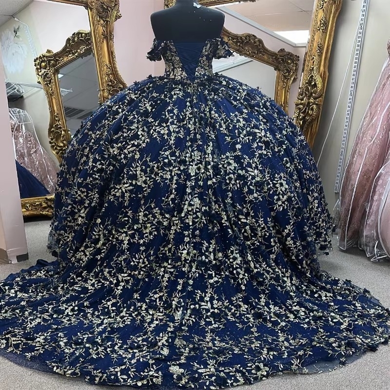 Navy Blue Shiny Quinceanera Dresses Ball Gown Sequin Gold Applique Lace Bow Tull Graduation Sweet 16 Dress Vestidos 15 De Xv Anos