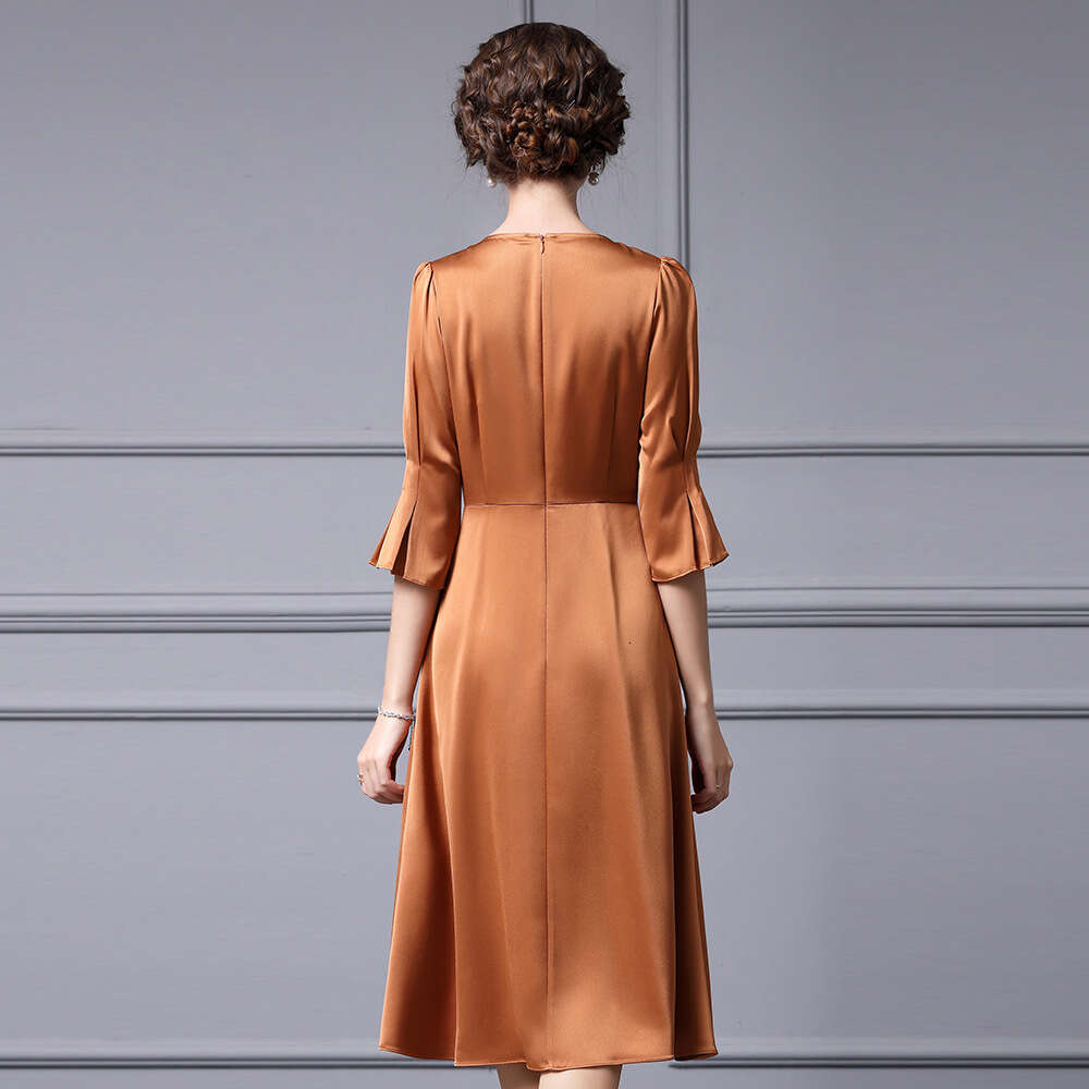 chic exquisite acetic acid dress high waist and slim flared sleeves A-line skirt with high-end feel autumn 2024 new product