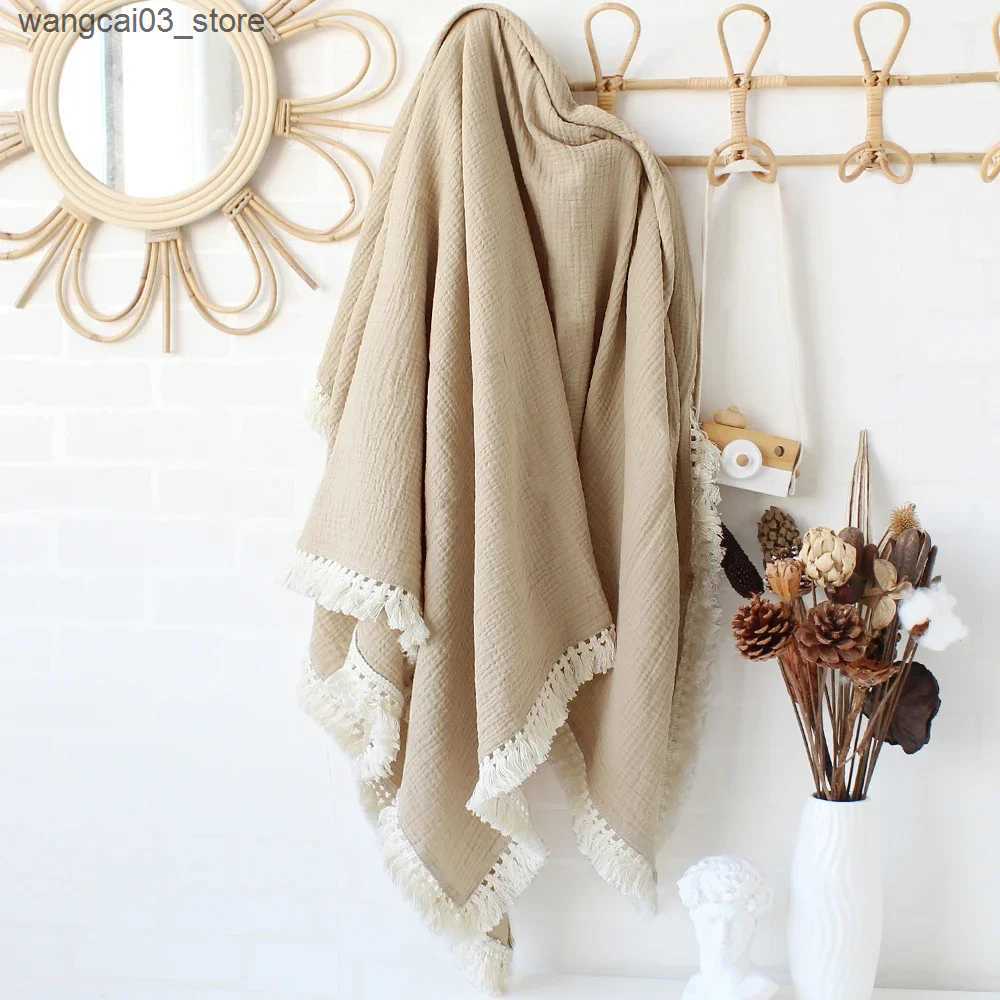 Blankets Swaddling Crinkle Muslin Baby Swaddle Blanket Print Cotton Fringe Swaddle Bath Towel Baby Wrap with Tassel Trim L240910