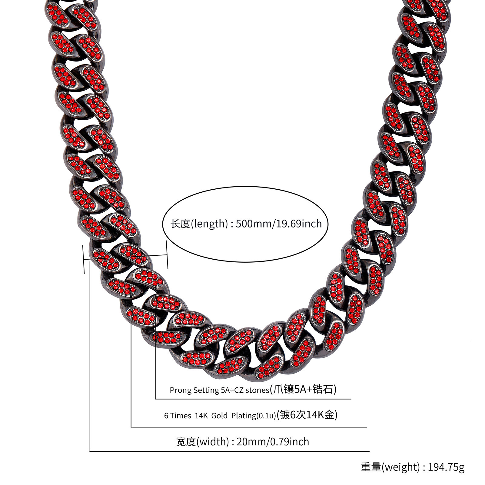 20MM Bling Red Rhinestone Big Cuban Link Chain Necklace Sparkly Alloy Gemstone Hip Hop Trendy Mens And Womens Jewelry Accessory Bracelet Miami Rapper 