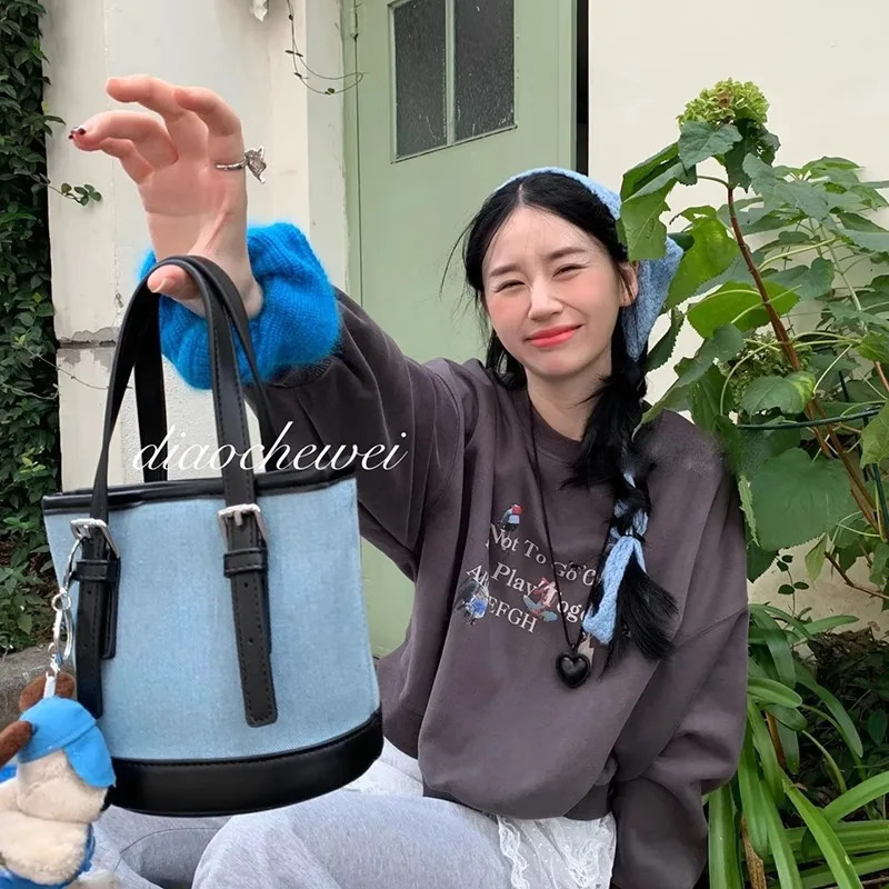 Small custom denim splicing bucket bag autumn and winter Korean version handheld shoulder bag horizontal womens bag 241008