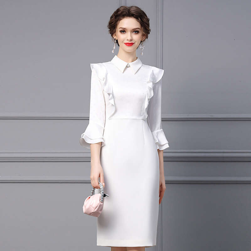 White Dress 2024 New Womens Autumn Style High end Sensation Showing Body Ruffle Flanked Trumpet Sleeve Hip Wrapping Skirt