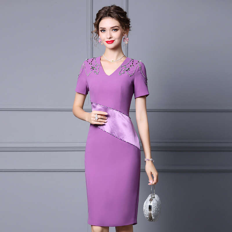 Purple Dress for Womens Summer 2024 New Elegant Style Acetic Acid Splicing V-neck Slimming Hip hugging Skirt