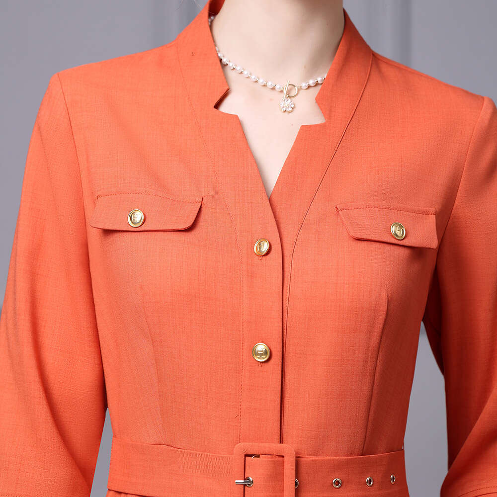 Smart and mature temperament slim waist V-neck single breasted pear shaped figure big swing dress autumn 2024 new product