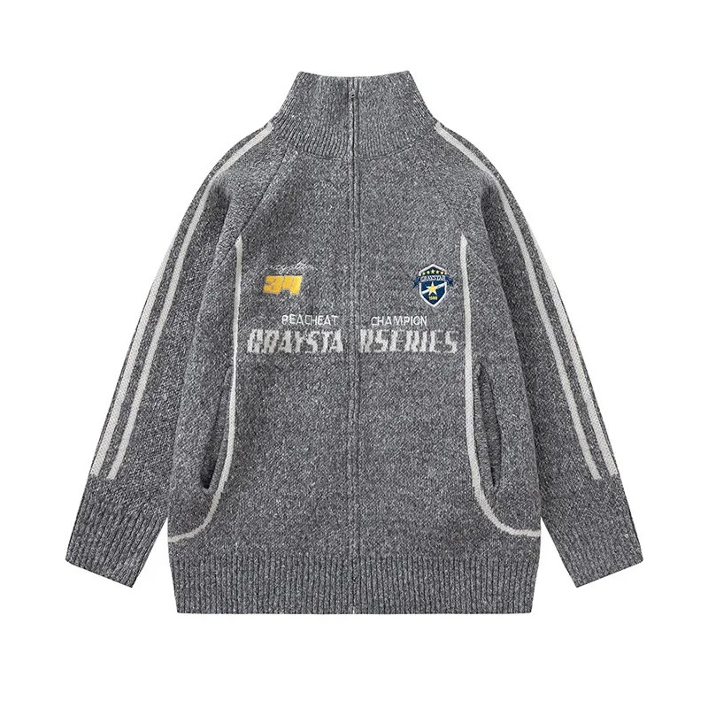 American style casual knitted cardigan zipper sweater mens autumn standing collar simple paradigm letter jacquard couple jacket 241007