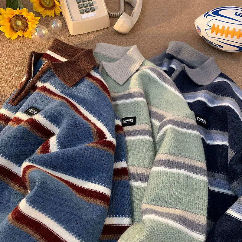 Japanese Mens Y2K Knitted Warm Polo Knitted Striped Turtle Neck Sweater Winter Street Clothing Knitted Korean Clothing Jumping Mens 241007