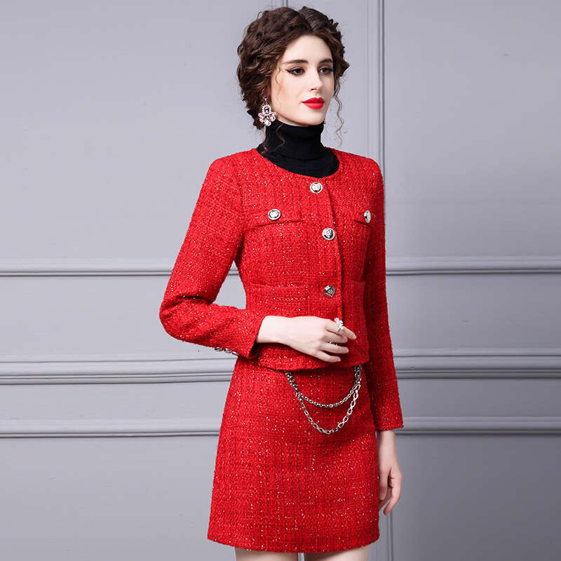 Red Womens Fashion 2024 New Style Short Coat Fashionable Hip Bag Skirt Two Piece Set