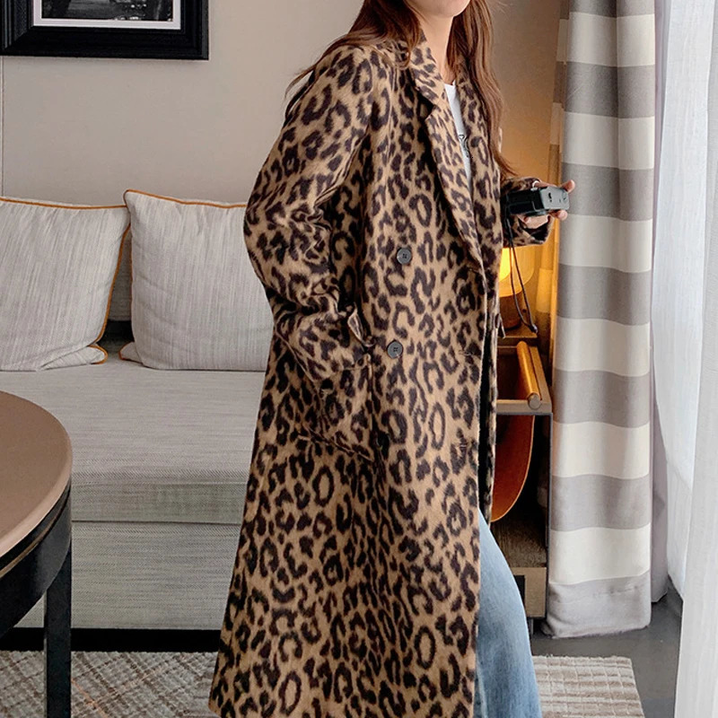 Spring Womens Wool Coat Classic Leopard Pattern Loose Style Long Sleeve Womens Fashion Long Coat Casaco Feminino 241007