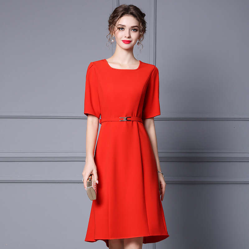 commuting slimming dress 2024 new womens summer temperament square neck red short sleeved waist A-line skirt
