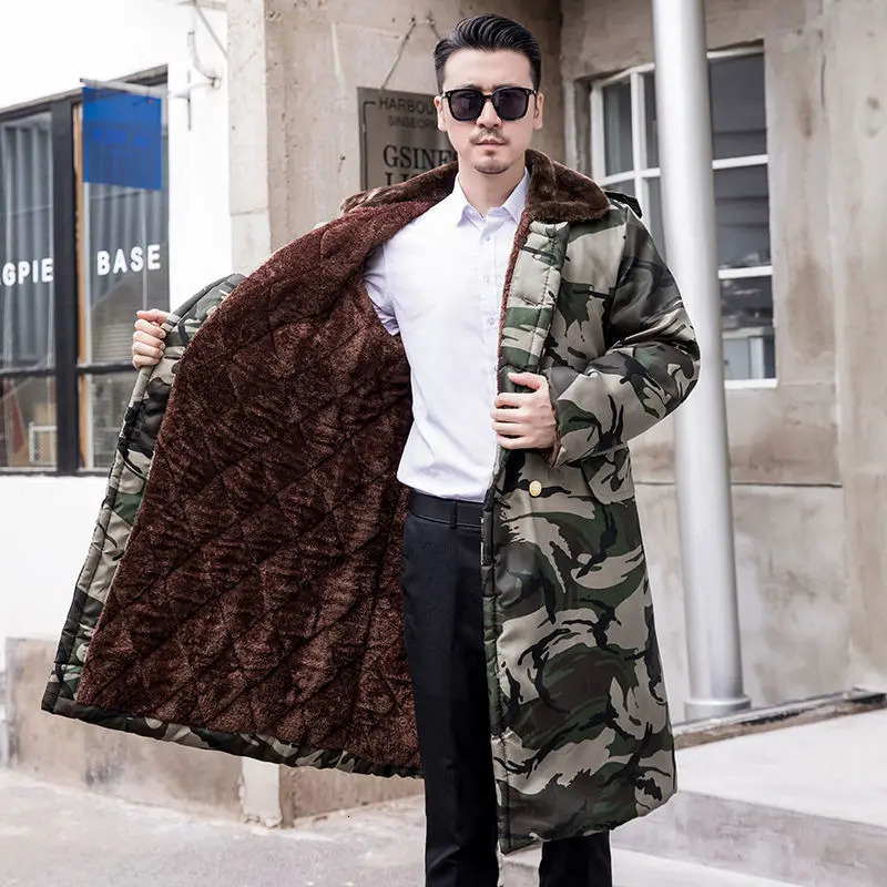 Men Winter Heavy Jacket Padding Long Overcoat Heated Hooded Fleeced Clothing Cold Proof Waterproof Labor Thick Camouflage Parkas 241010