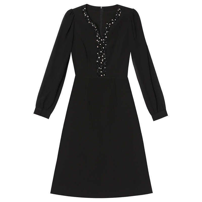 Autumn Dress 2024 New High end Formal Occasion Yellow V-neck Nail Bead Waist slimming A-line skirt