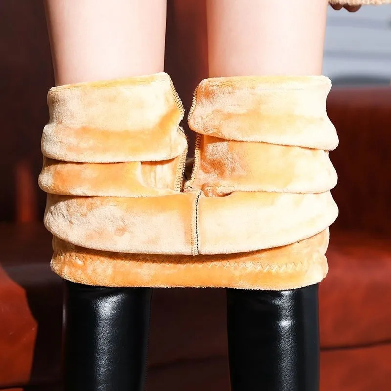 Winter Warm 700g Thick Velvet Wool Fleece Ladies Legging Trousers Lambskin Cashmere Female Jegging Faux Leather Pants 241007