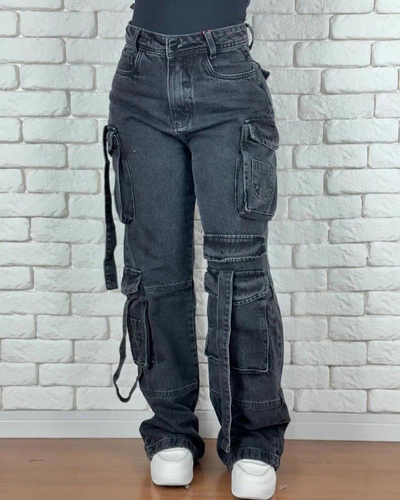 Women's Jeans Cargo Pants Women Street Fashion Vintage Washed Distressed High Waisted Woman Casual Wide Leg Baggy