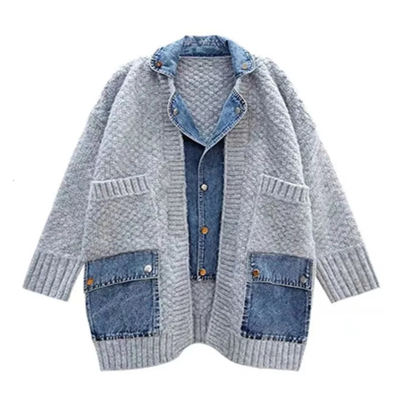 EWQ Fashion Casual Denim Spliced Long Sleeve Knitted Cardigan Loose Thick Women Sweater Coats Winter 2024 Autumn 16O14 241007