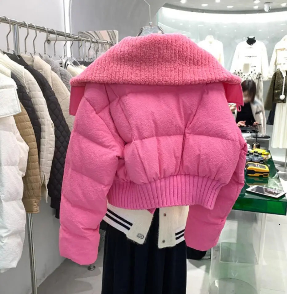 2024 Autumn Winter Korean Knit Collar Zipper Coat Women Thick Street Puffer Jacket Loose Parka Warm Cottonpadded Short Outwear 240930