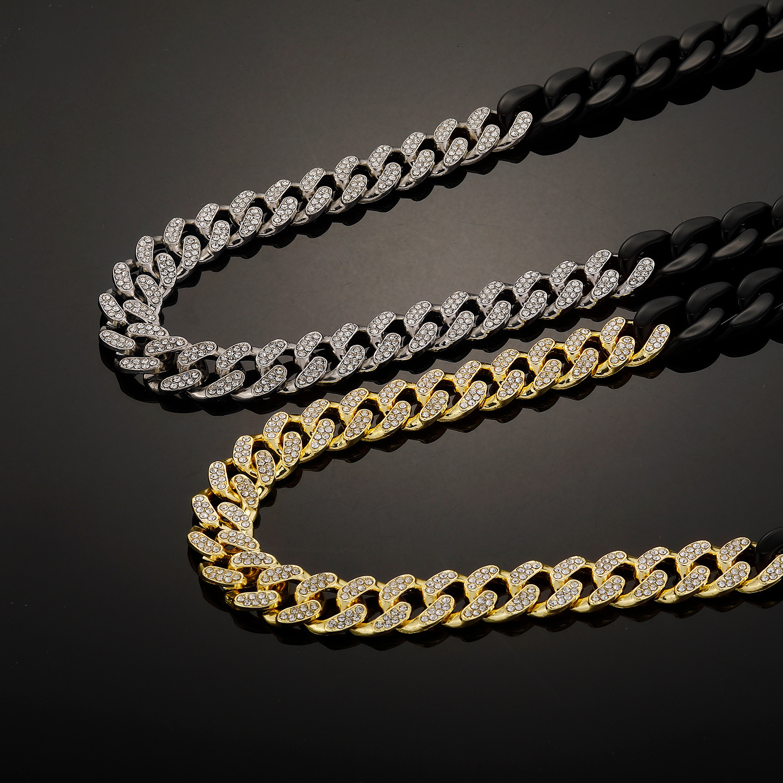 Hip Hop 2 Tone Iced Out Cuban Link Chain Black Acrylic Splicing Necklace Mens Personalized Versatile Miami Curb Chains Jewelry Accessories Sweater Cha