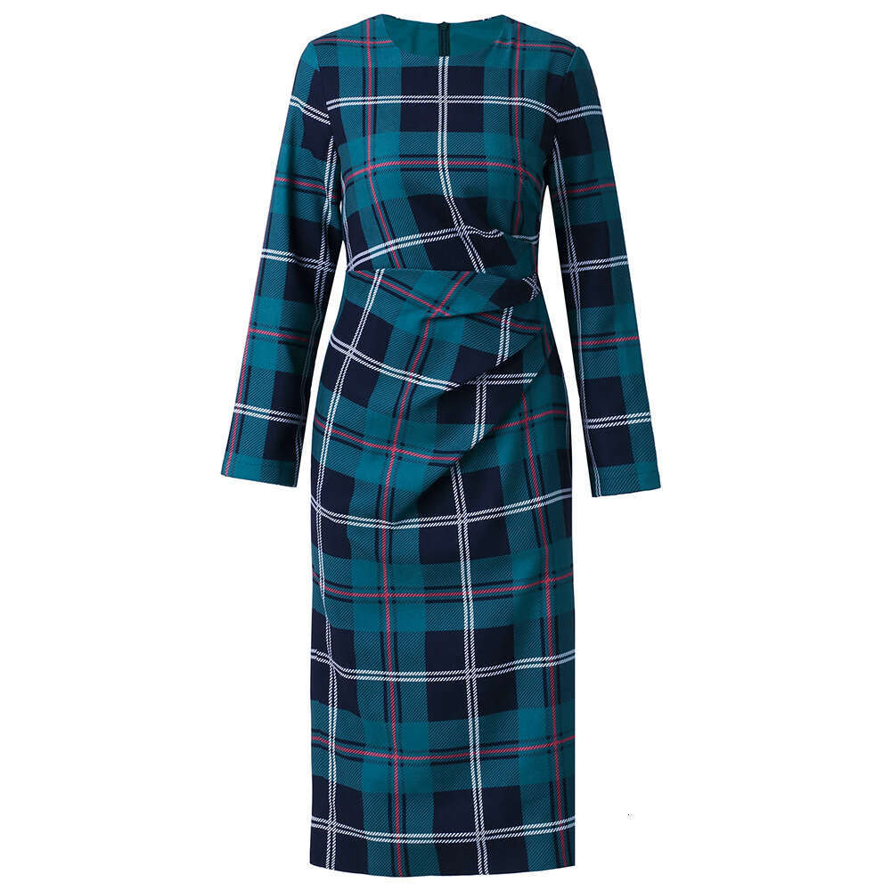 Smart high-end green checkered dress 2024 autumn new collection for commuting elegant temperament slimming and medium length skirt
