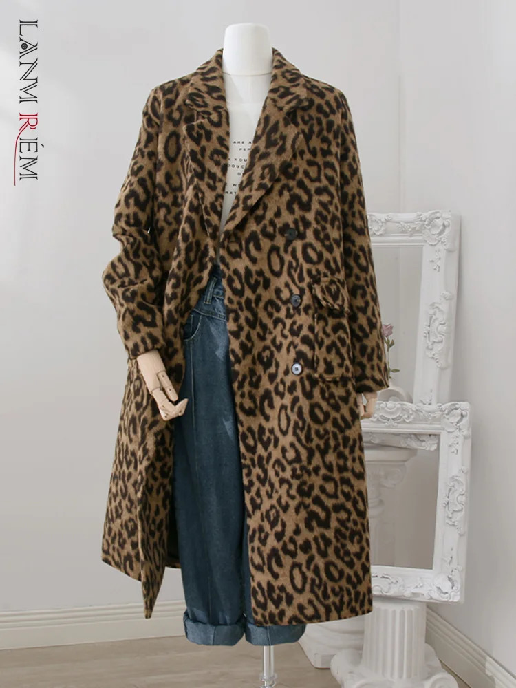 Lanmrem Leopard Print medium length wool coat suitable for women warm in winter durable niche loose clothing streetwear 32A391 241007