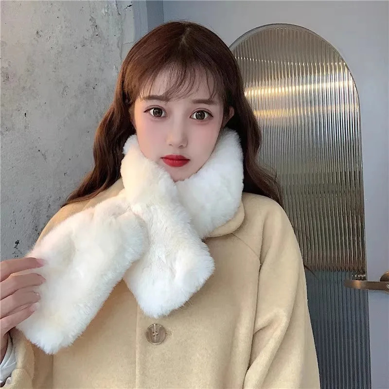Korean Plush Faux Rabbit Fur Thick Plush Shawl Scarf for Female Winter Oudoor Windproof Solid Color Cross Neck Guard Warm Scarfs 241009