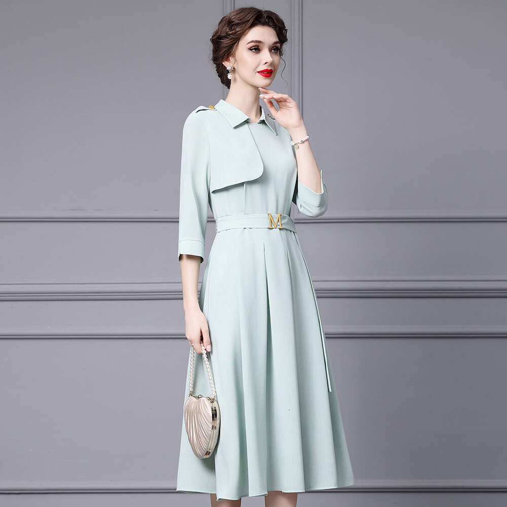 French high-end shirt collar dress with three quarter sleeves and waist belt pear shaped figure big swing skirt autumn new style