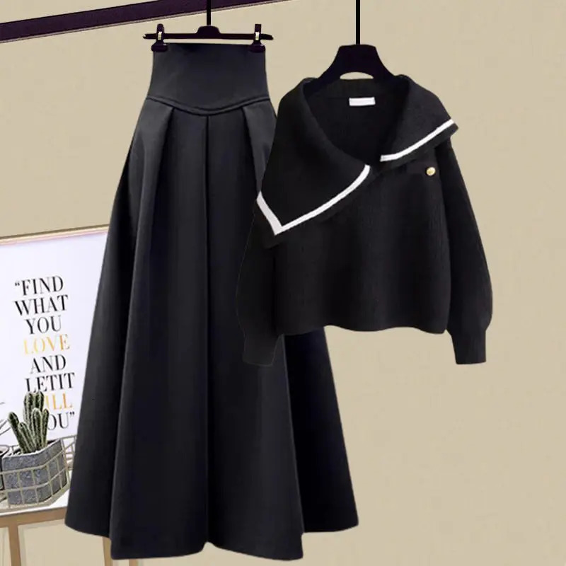 Autumn and winter knitted sweater womens Korean version semi open knitted sweater long half skirt two-piece set 241011